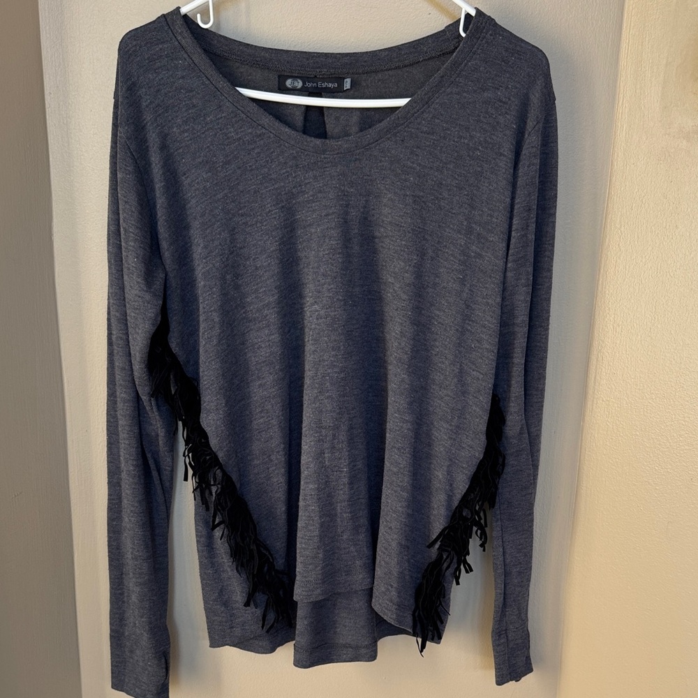 John Eshaya P/XS good condition Dark Gray Long Sleeve Top with Fringe